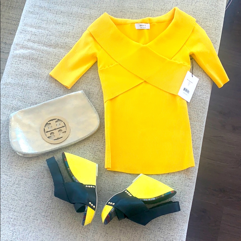 Bailey sweater top. Joes wedges. Tory Burch clutch
